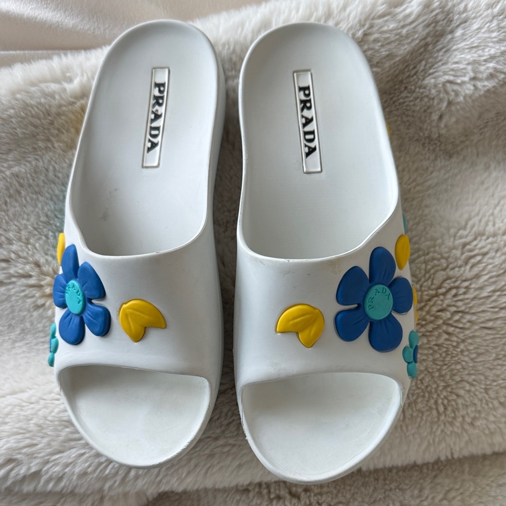 Prada White Slides with Blue and Yellow Floral Design
